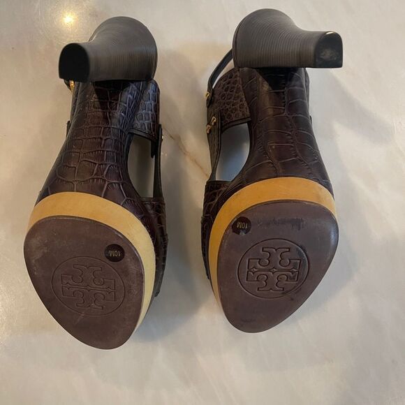 Tory Burch Monique Americana Brown Embossed Crocodile Peep Toe Sandals 10 M - Picture 5 of 9